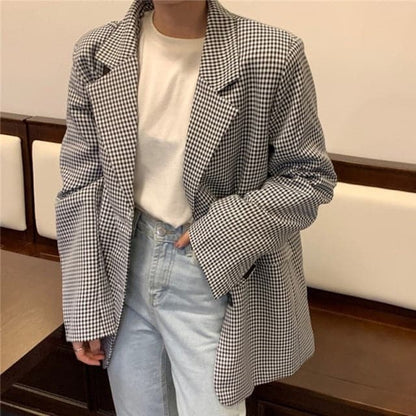 DressBetty - Women's Buttons Pockets Checkered Blazers