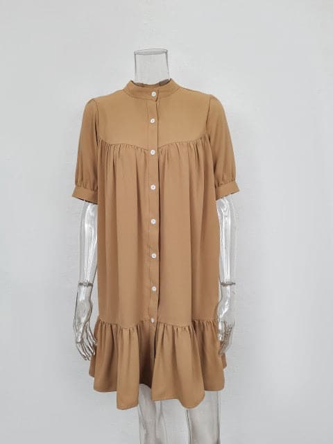 DressBetty - Women Vintage Ruffled Front Button A-line Dress Long Sleeve Stand Collar Solid Elegant Casual Mini Dress Autumn New Dress