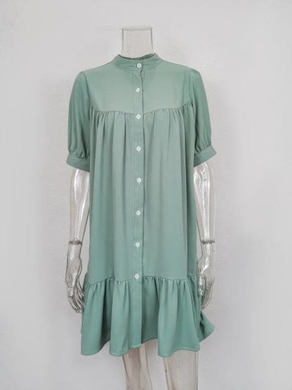 DressBetty - Women Vintage Ruffled Front Button A-line Dress Long Sleeve Stand Collar Solid Elegant Casual Mini Dress Autumn New Dress