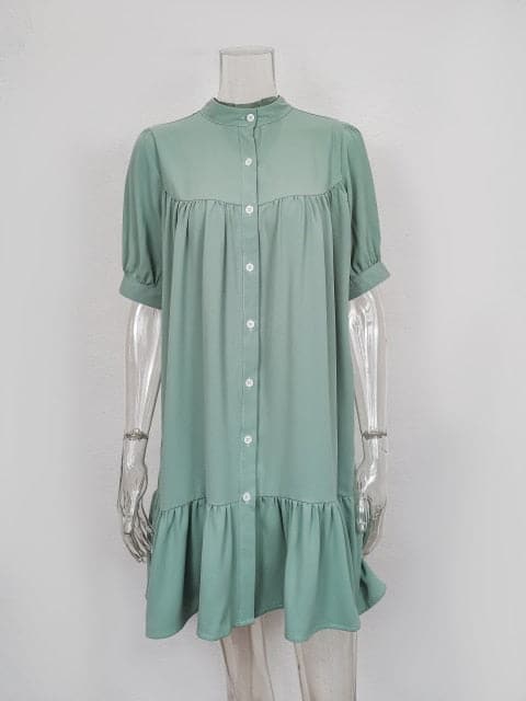 DressBetty - Women Vintage Ruffled Front Button A-line Dress Long Sleeve Stand Collar Solid Elegant Casual Mini Dress Autumn New Dress