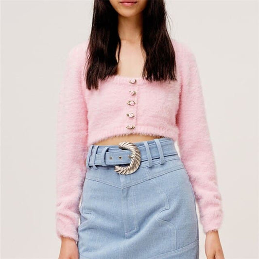 DressBetty - Women's Sweet Pink Fluffy Low Crew Neck Knitted Short Sweater