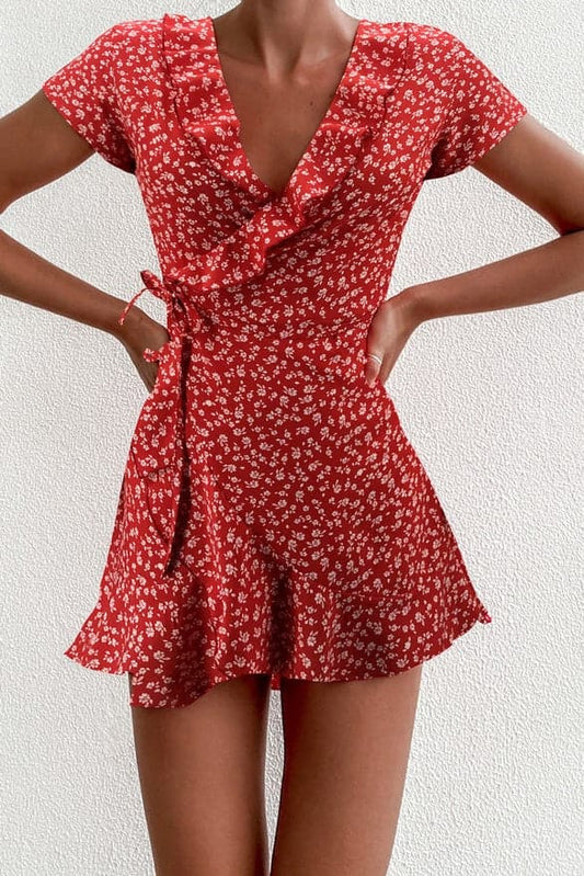 DressBetty - Summer Women’s Floal A-Line Dress Sweet Elegant Floral Ruffles V-neck Bandage Short Dress for Lady Chic Flowers Mini Dress