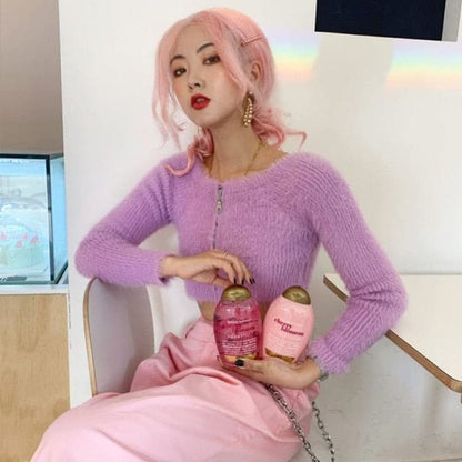 DressBetty - Sweet Girl Pink Fluffy Front Zipper Off Shoulder One-line Neck Slim Knit Top