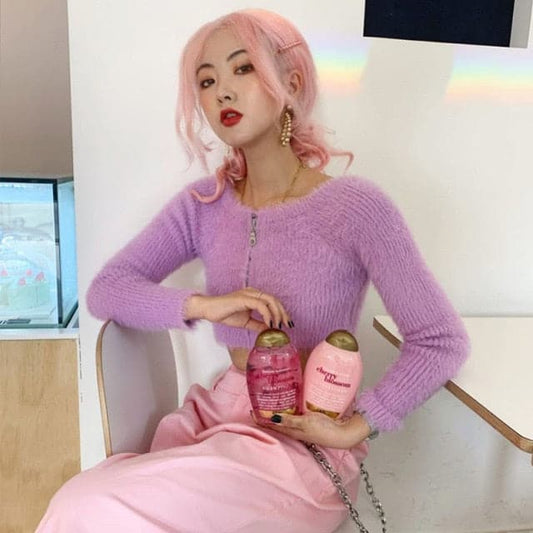 DressBetty - Sweet Girl Pink Fluffy Front Zipper Off Shoulder One-line Neck Slim Knit Top