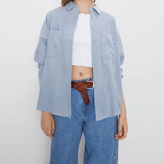 DressBetty - Women Fashion Corduroy With Pockets Loose Asymmetrical Blouses Vintage Long Sleeve Button-up Female Shirts Streetwear