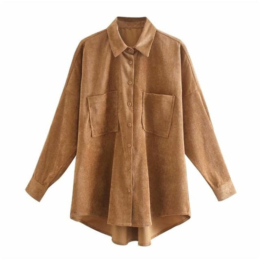 DressBetty - Women Fashion Corduroy With Pockets Loose Asymmetrical Blouses Vintage Long Sleeve Button-up Female Shirts Streetwear