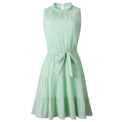 DressBetty - Sleeveless Sweet Pleated Pure Color Sashes Dress