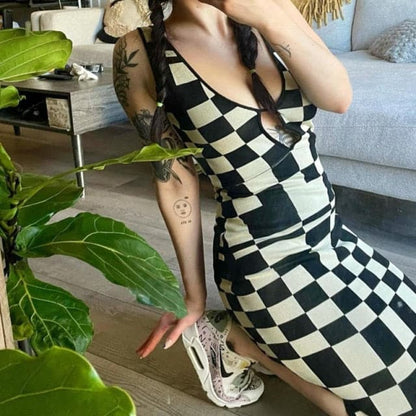 DressBetty - Sexy Backless Plaid Print Spaghetti Strap Hollow Out Vestidos Dresses