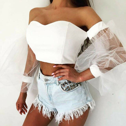 DressBetty - Women See-through Off Shoulder T-shirt