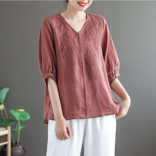 DressBetty - Summer Short sleeve Embroidery Blouse Women Plus size Cotton Linen Shirt V Neck Loose Vintage Clothes Ladies Tops Casual