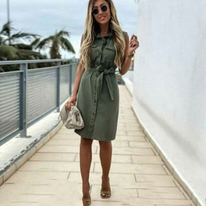 DressBetty - Women Vintage Front Button Sashes Sheath Party Dress Sleeveless Turn Down Collar Casual Mini Dress Summer Fashion New Dress
