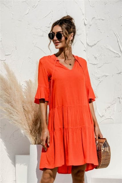 DressBetty - Floral Stitching V-neck Flared Sleeves Dress