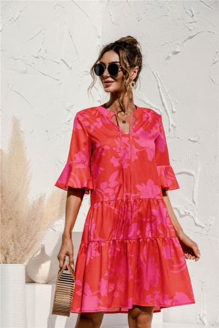 DressBetty - Floral Stitching V-neck Flared Sleeves Dress