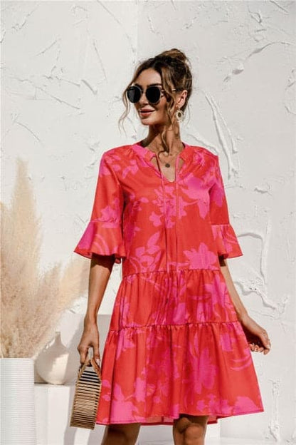 DressBetty - Floral Stitching V-neck Flared Sleeves Dress