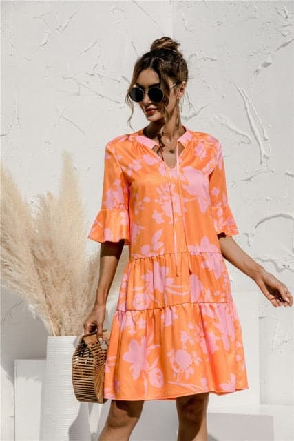 DressBetty - Floral Stitching V-neck Flared Sleeves Dress