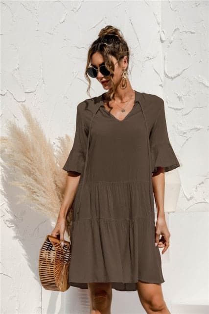 DressBetty - Floral Stitching V-neck Flared Sleeves Dress