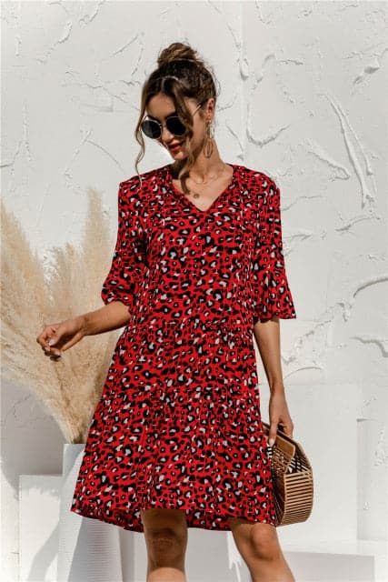 DressBetty - Floral Stitching V-neck Flared Sleeves Dress