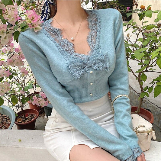 DressBetty - Vintage Knitted Shirts Ladies Casual V-Neck Lace Slim Blouse and Tops Women Spring Korean Style Sexy Shirt Female Elegant