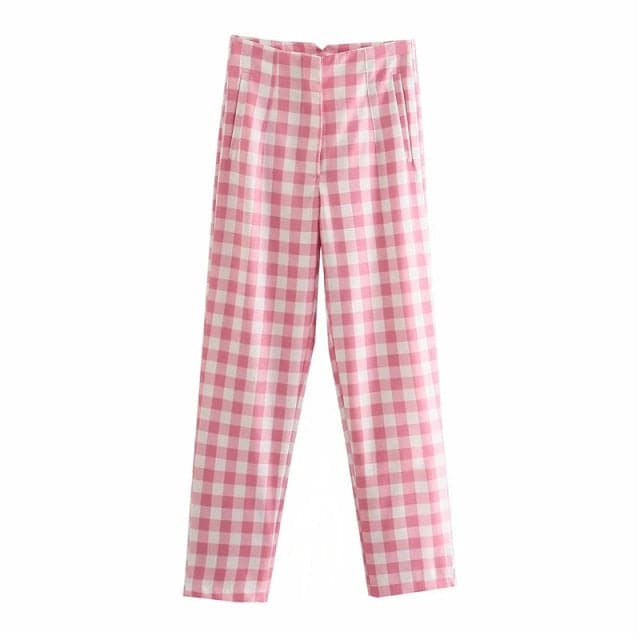 DressBetty - Office Lady Fashion Pink Plaid Suit Cotton Long Pants Women Summer Za High Waist Zipper Straight Chic Trousers