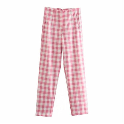 DressBetty - Office Lady Fashion Pink Plaid Suit Cotton Long Pants Women Summer Za High Waist Zipper Straight Chic Trousers