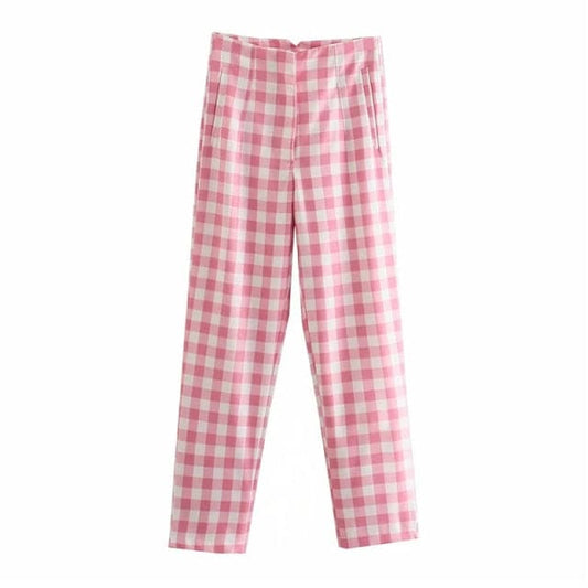 DressBetty - Office Lady Fashion Pink Plaid Suit Cotton Long Pants Women Summer Za High Waist Zipper Straight Chic Trousers