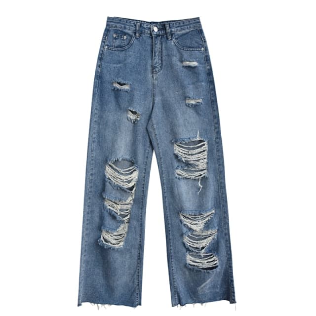 DressBetty - Women's High Waist Loose Straight Ripped Jeans