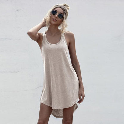DressBetty - Plus Size Casual O-neck Sleeveless Women Tank Dress Summer Loose Off Shoulder Asymmetrical Cotton Mini Dress Woman Streetwear