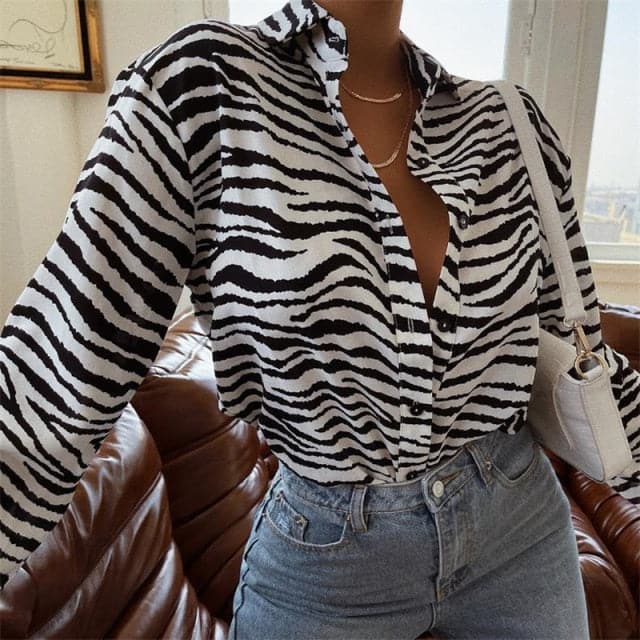 DressBetty - Fashion Down Lapel  AbstractZebra Print  Loose Tops