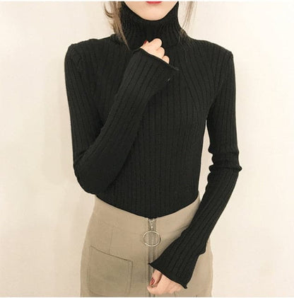 DressBetty - High-Collar Striped Knit Bottom Sweater