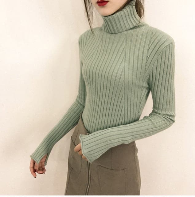 DressBetty - High-Collar Striped Knit Bottom Sweater