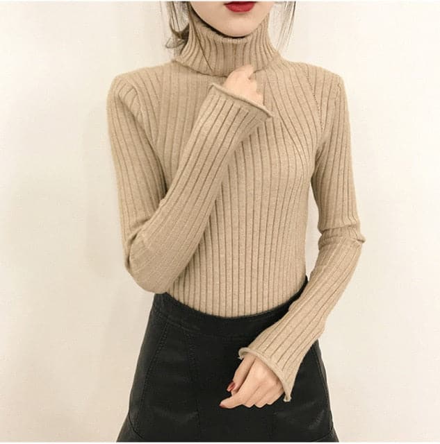 DressBetty - High-Collar Striped Knit Bottom Sweater