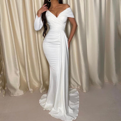 DressBetty - White One Sleeve Off Shoulder Party Dress