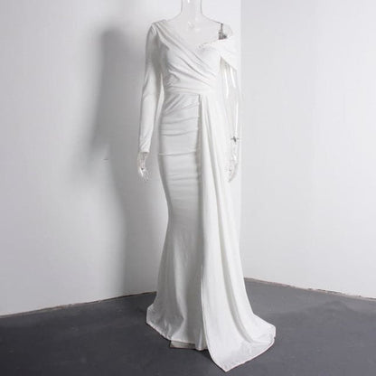 DressBetty - White One Sleeve Off Shoulder Party Dress