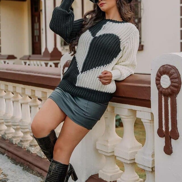 DressBetty - Elegant O Neck Love Print Patchwork Knitted Sweater