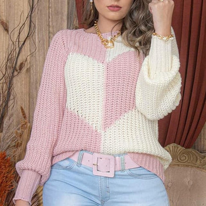 DressBetty - Elegant O Neck Love Print Patchwork Knitted Sweater