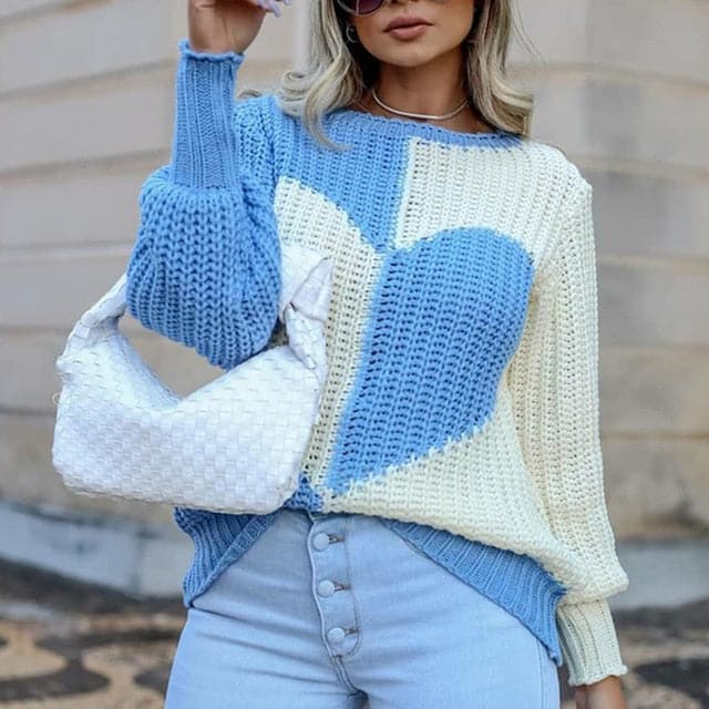 DressBetty - Elegant O Neck Love Print Patchwork Knitted Sweater