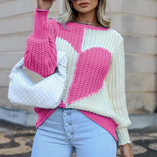 DressBetty - Elegant O Neck Love Print Patchwork Knitted Sweater