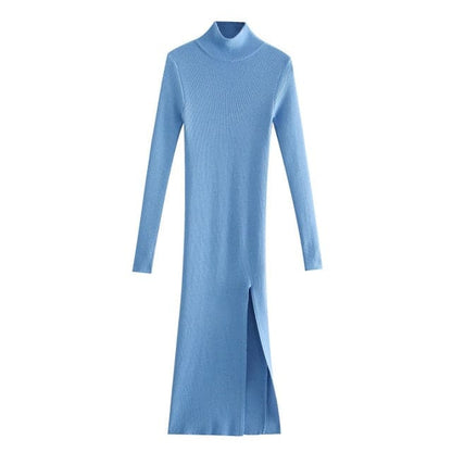 DressBetty - Women Long Sleeves High-Neck Elastic Midi Dress