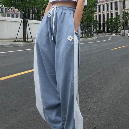 DressBetty - White Blue Contrast Loose Jogging Pants Women High Waist Drawstring Trousers Casual Pants Female Korean Streetwear Pants