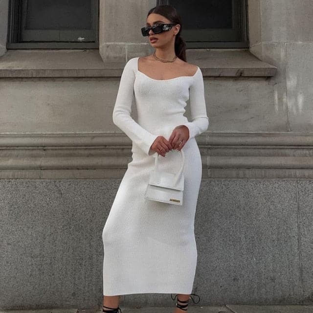 DressBetty - Square Neck Long Sleeve Soft Sweater Dress