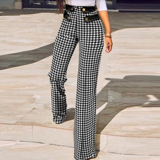 DressBetty - Women Elegant Skinny Straight Pants Spring New New Houndstooth Plaid Print Trouser All Match High Waist Office Suit Slim Trouser