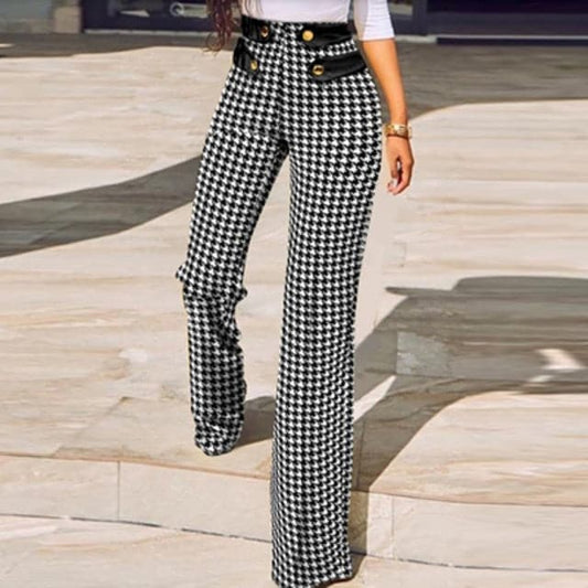 DressBetty - Women Elegant Skinny Straight Pants Spring New New Houndstooth Plaid Print Trouser All Match High Waist Office Suit Slim Trouser