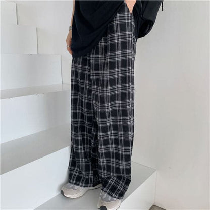 DressBetty - Oversize 3XL Plaid Pants Women Casual Loose Wide Leg Trousers Ins Retro Teens Straight Trousers Hip-hop Unisex Streetwear