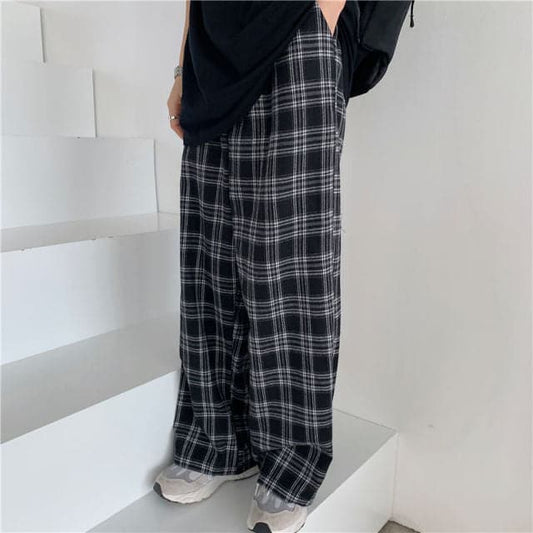 DressBetty - Oversize 3XL Plaid Pants Women Casual Loose Wide Leg Trousers Ins Retro Teens Straight Trousers Hip-hop Unisex Streetwear