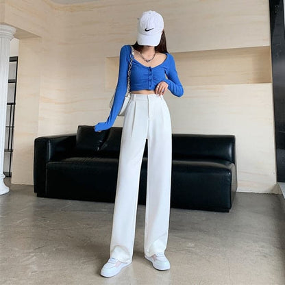 DressBetty - Women High Waist Floor-Length Suits Pants Autumn Winter White Loose Wide Leg Pants Female Office Ladies Straight Long Trousers
