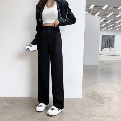 DressBetty - Women High Waist Floor-Length Suits Pants Autumn Winter White Loose Wide Leg Pants Female Office Ladies Straight Long Trousers
