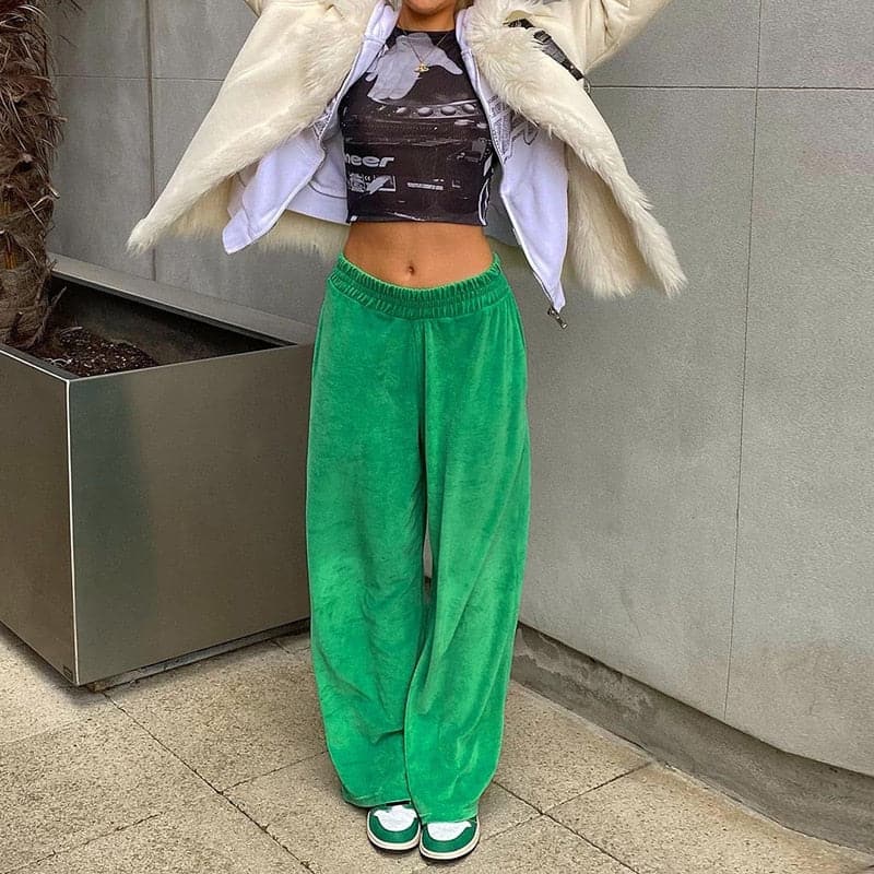 DressBetty - Solid Velvet Wide Leg Pants Women High Waist Green Harem Trousers Female Fashion Casual Autumn Ladies Clothes Loose Sport Wear