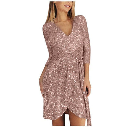 DressBetty - New Year Black Sequined Dresses Women Bling Party Evening Dress With Sleeves V Neck Elegant