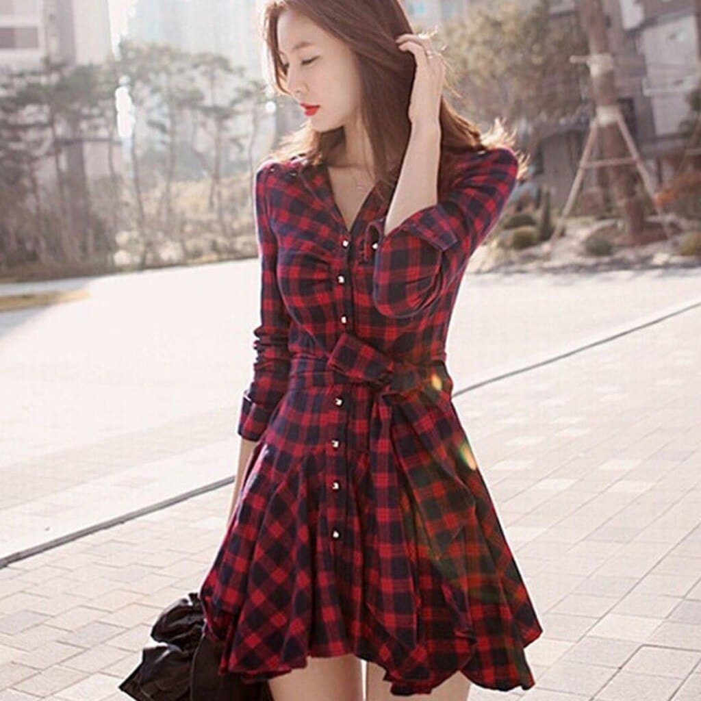 DressBetty - Christmas Long Sleeve Scottish Plaid Slim Dress