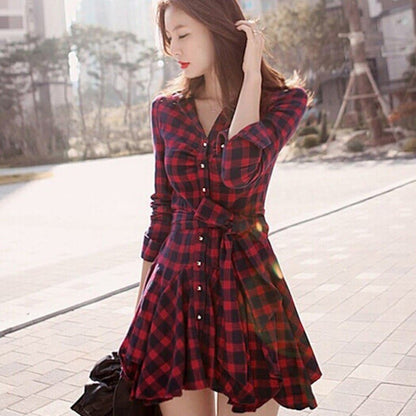 DressBetty - Christmas Long Sleeve Scottish Plaid Slim Dress